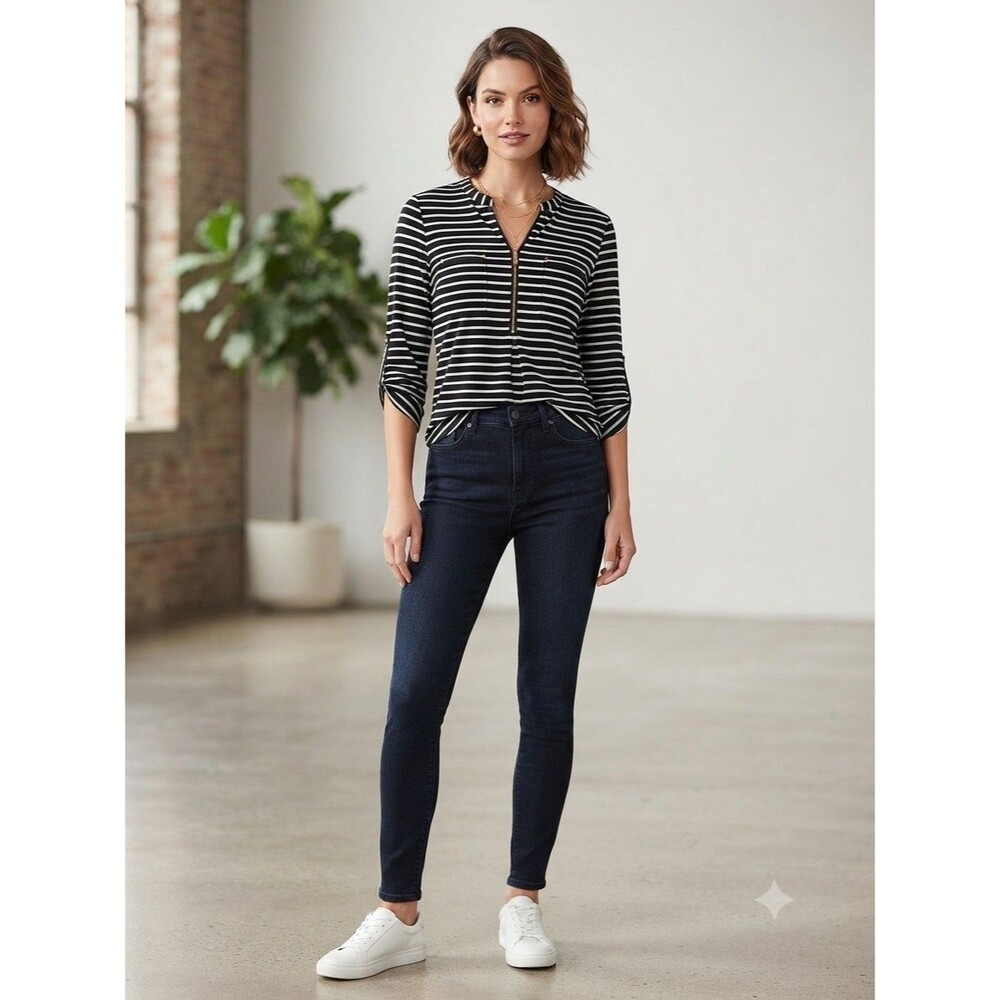 Calvin Klein 3/4 Sleeve To Black and White Stripe Pullover with 1/2 Zip